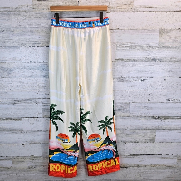 Joie Tropical Satin Wide Leg Pants S Sea Inspired Statement Maximalism Beachy - Picture 5 of 16